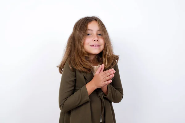 Beautiful Little Girl Wearing Green Coat Clapping Hands White Background Stock Photo