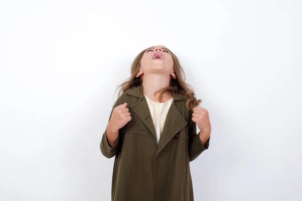 Portrait Little Girl Standing White Background Excitement Keeps Hands Raised — Stock Photo, Image