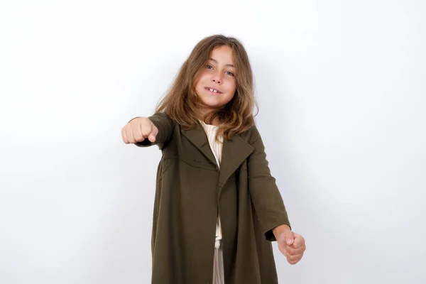 Young Little Girl Standing White Background Wearing Green Coat Imagine — Stock Photo, Image