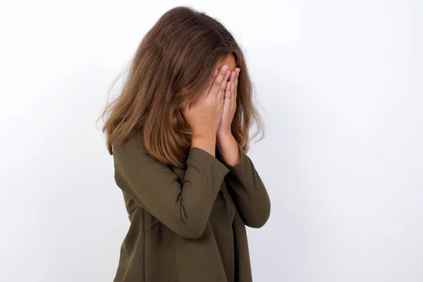 Sad Young Caucasian Little Girl Standing White Background Wearing Casual — Stock Photo, Image