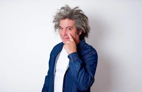 Mature Caucasian Man Afro Grey Hair Standing White Background Looking — Stock Photo, Image