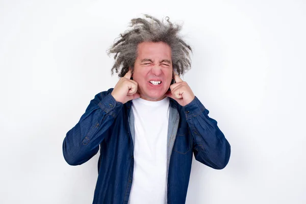 Stressed Caucasian Man Afro Gray Hair Standing White Wall Making — Stock Photo, Image