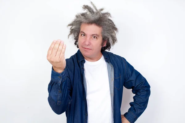 Handsome Man Afro Gray Hair Standing White Studio Background Gesturing — стоковое фото