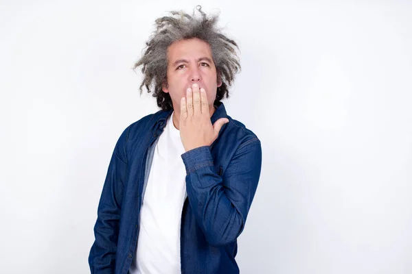 Handsome Man Afro Gray Hair Covers Open Mouth Hand Palm — Stock Photo, Image