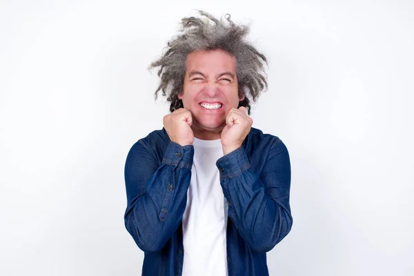 Portrait Man Afro Gray Hair Expressing Excitement Happiness Closed Eyes — Stock Photo, Image