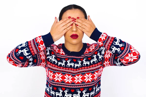 Young Beautiful Woman Wearing Christmas Sweater White Wall Covering Eyes — Stock Photo, Image