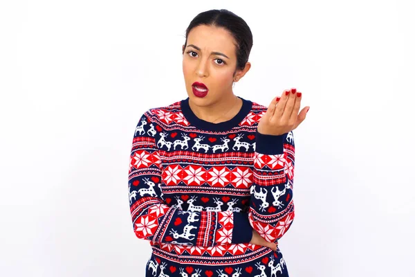 Studio Shot Frustrated Arab Woman Wearing Sweater Gesturing Raised Palm — Fotografia de Stock