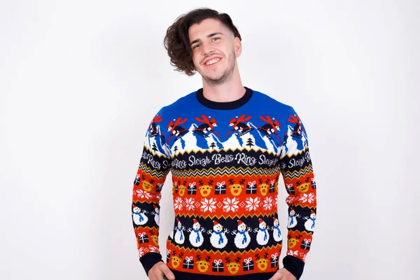 Portrait Successful Young Caucasian Man Wearing Sweater Smiling Broadly Self — Stock Photo, Image