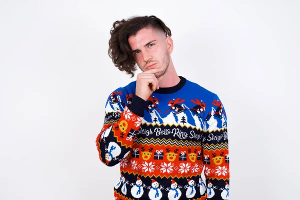 Shot Contemplative Thoughtful Young Caucasian Man Wearing Sweater Keeps Hand — Stock Photo, Image