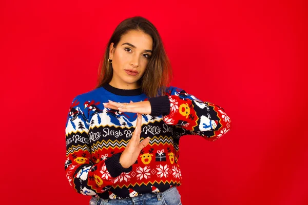 Caucasian Woman Wearing Christmas Sweater Red Wall Feels Tired Bored — Stock Photo, Image