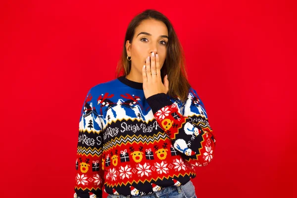 Think Said Close Portrait Caucasian Woman Wearing Christmas Sweater Red — Stock Photo, Image