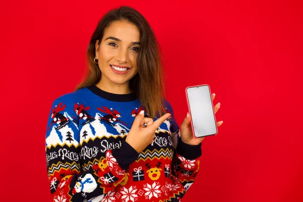 Smiling Young Beautiful Caucasian Woman Wearing Christmas Sweater Red Wall — Stock Photo, Image