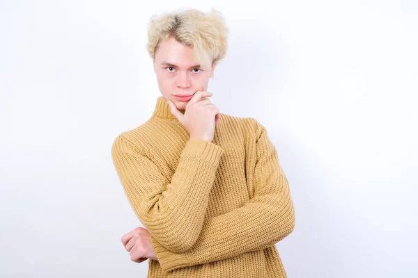 Thoughtful Smiling Handsome Caucasian Blond Man Standing White Background Keeps — Stock Photo, Image