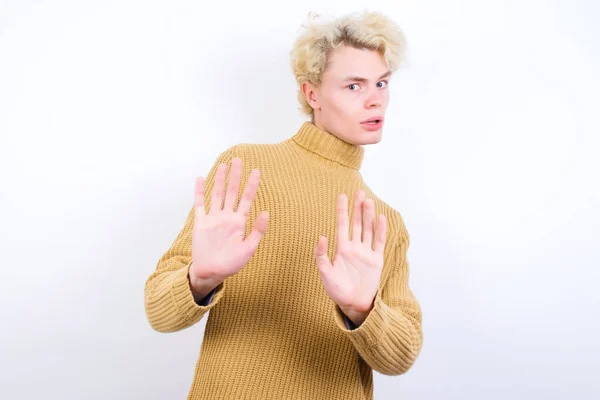 Handsome Caucasian Blond Man Standing White Background Doing Stop Sing — Stock Photo, Image