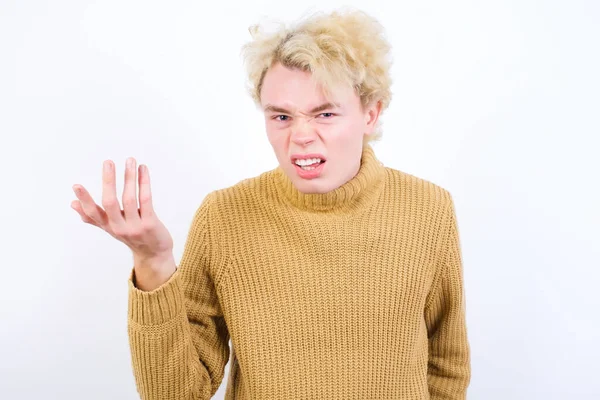 Studio Shot Frustrated Handsome Caucasian Blond Man Standing White Background — Stockfoto