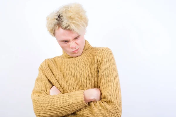 Displeased Handsome Caucasian Blond Man Standing White Background Bad Attitude — Stock Photo, Image