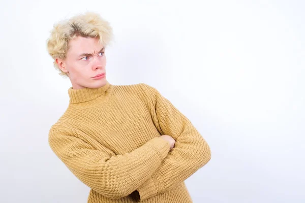 Image Upset Handsome Caucasian Blond Man Standing White Background Arms — Stock Photo, Image