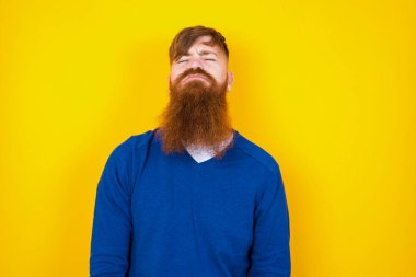 Kasvetli, yakışıklı, kızıl sakallı, beyaz bir adam sarı duvarın karşısında dikiliyor, kaşlarını çatıyor, yukarı bakıyor, çok konuşuyor, elleri aşağıda, yorgun ve gitmek istiyor..