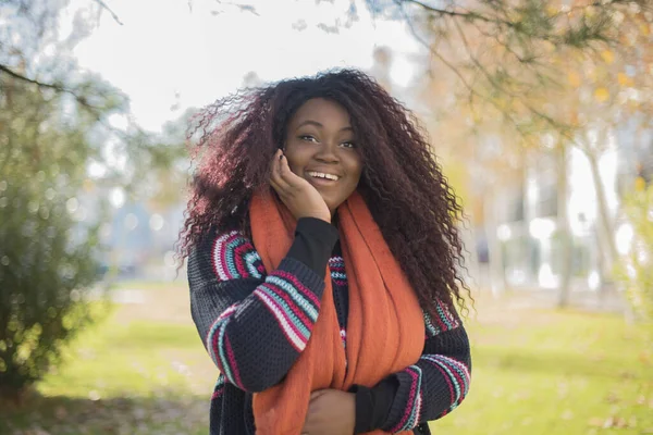 Jong Mooi Afrikaans Amerikaans Vrouw Dragen Trui Sjaal Verrast Herfst — Stockfoto