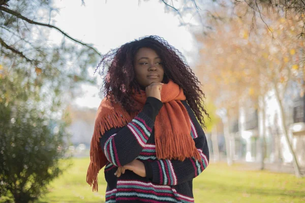 Młoda Piękna Afroamerykanka Nosi Kolorowy Sweter Myśląc Jesiennym Parku — Zdjęcie stockowe