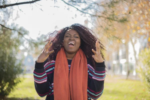 Young Beautiful African American Woman Wearing Sweater Orange Scarf Happy — Stock Photo, Image