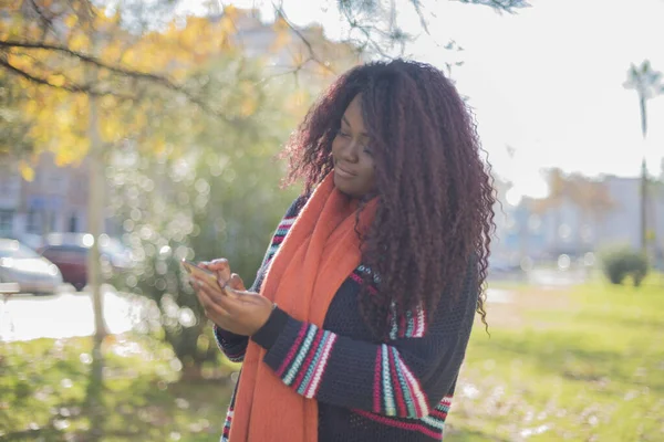 Joven Hermosa Mujer Afroamericana Vistiendo Suéter Bufanda Celebración Smartphone Parque —  Fotos de Stock