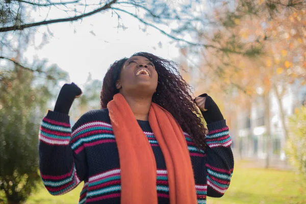 Young Beautiful Happy African American Woman Wearing Sweater Orange Scarf — Stock Photo, Image