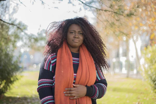 Молодая Красивая Африканская Американка Свитере Шарфе Подозрительная Женщина Осеннем Парке — стоковое фото