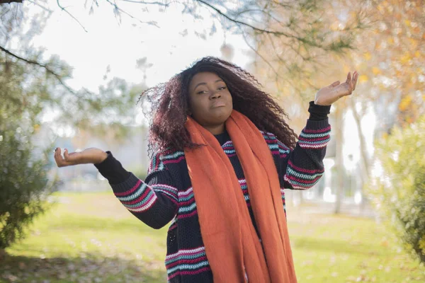 Young Beautiful African American Woman Wearing Sweater Scarf Open Palms — Stock Photo, Image