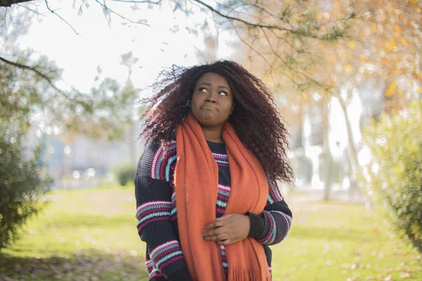 若い美しいアフリカ系アメリカ人女性は 秋の公園を見下ろすセーターとオレンジのスカーフを着ています — ストック写真