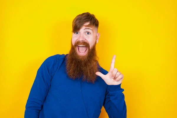 Pleasant Looking Handsome Red Haired Bearded Caucasian Man Standing Yellow — Stock Photo, Image