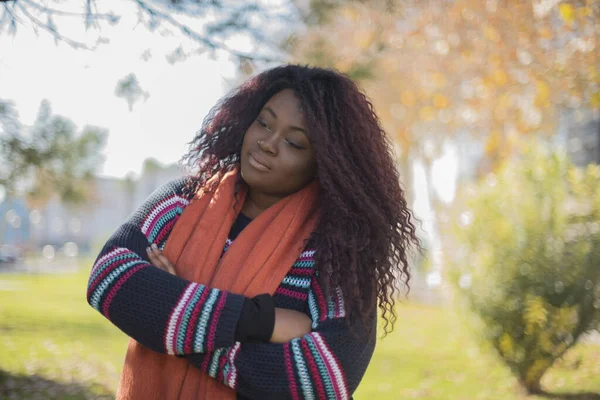 Młoda Piękna Afroamerykanka Swetrze Szaliku Ramionami Skrzyżowanymi Jesiennym Parku — Zdjęcie stockowe