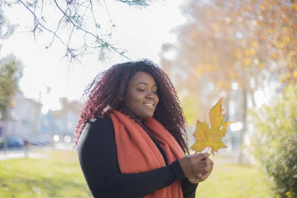 Joven Hermosa Mujer Afroamericana Con Suéter Bufanda Con Hoja Parque —  Fotos de Stock