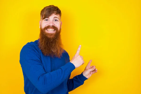 Handsome Red Haired Bearded Caucasian Man Standing Yellow Wall Positive — Stock Photo, Image