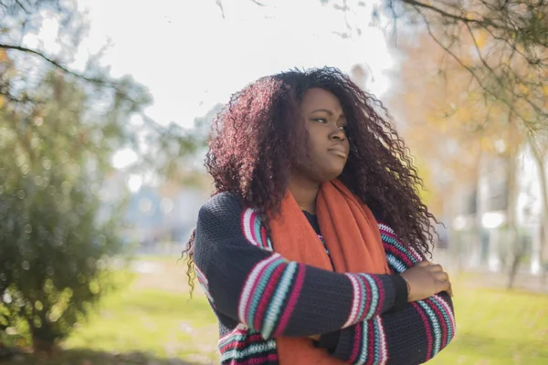 Młoda Piękna Afroamerykanka Swetrze Szaliku Ramionami Skrzyżowanymi Jesiennym Parku — Zdjęcie stockowe