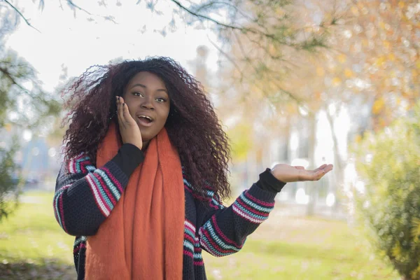 Young Beautiful African American Woman Wearing Sweater Scarf Showing Palm — Stock Photo, Image