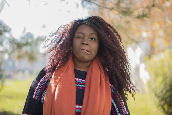 Young Beautiful African American Woman Wearing Sweater Scarf Making Funny — Stock Photo, Image