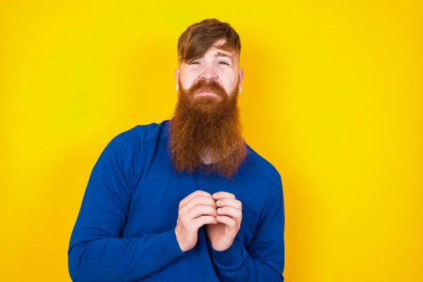 Sad Handsome Red Haired Bearded Caucasian Man Standing Yellow Wall — Stock Photo, Image