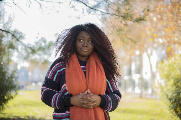 Young Beautiful African American Woman Wearing Sweater Orange Scarf Looking — Stock Photo, Image