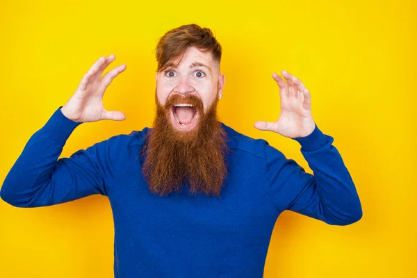 Knappe Roodharige Baard Blanke Man Staat Tegen Een Gele Muur — Stockfoto