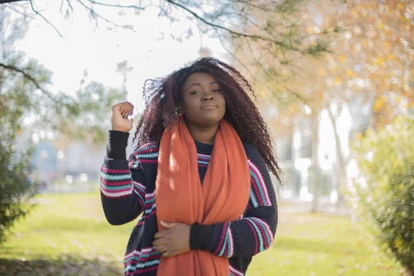 Jong Mooi Afrikaans Amerikaans Vrouw Dragen Trui Sjaal Met Hand — Stockfoto