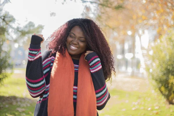 Joven Hermosa Mujer Afroamericana Vistiendo Suéter Bufanda Con Puños Parque —  Fotos de Stock