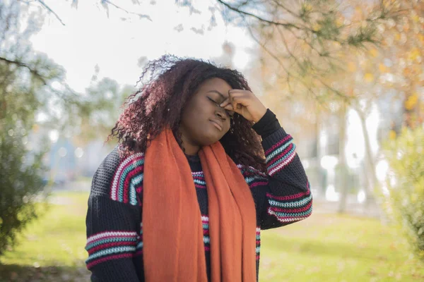 Young Beautiful African American Woman Wearing Sweater Orange Scarf Tired — Stock Photo, Image