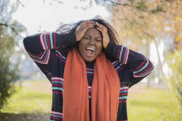 Young Beautiful African American Woman Wearing Sweater Orange Scarf Hands — Stock Photo, Image