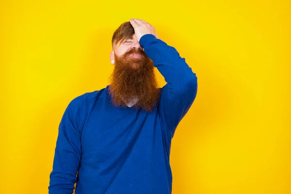Frustrated Handsome Red Haired Bearded Caucasian Man Standing Yellow Wall — Stock Photo, Image