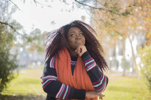 若い美しいアフリカ系アメリカ人女性は 秋の公園でセーターとスカーフを着て考えています — ストック写真