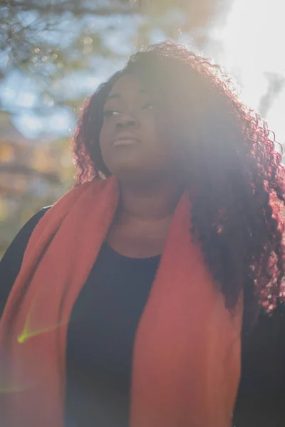 若い美しいアフリカ系アメリカ人女性は 秋の公園でセーターとスカーフを着て — ストック写真