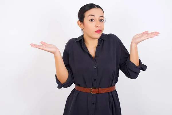 Maybe Yes Doubtful Young Businessman Woman Wearing Dress Shrugs Shoulders — Stock Photo, Image