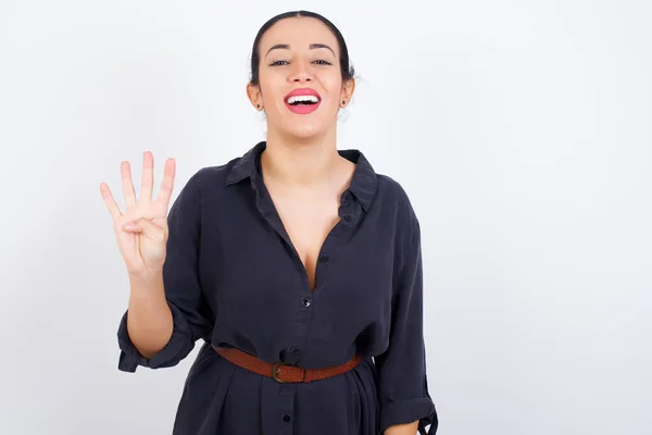 Young Beautiful Businesswoman Wearing Dress Showing Pointing Fingers Number Four — Stock Photo, Image