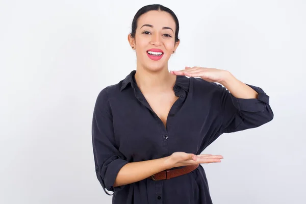 Young Beautiful Businesswoman Wearing Dress Gesturing Hands Showing Big Large — Stock Photo, Image